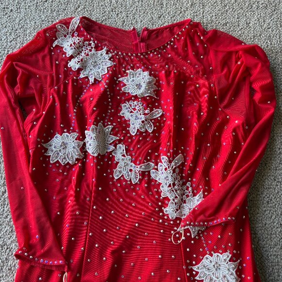 Red Sequin Lace Ballroom Dance Gown Mesh Sleeves L Holiday Glam Pageant Evening - Picture 3 of 16